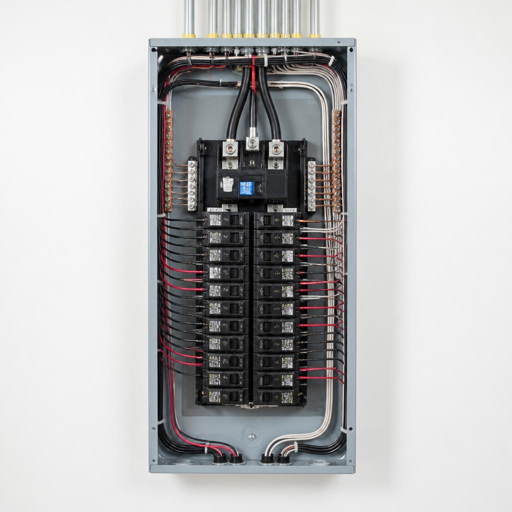 Newly installed modern electrical panel with organized wiring