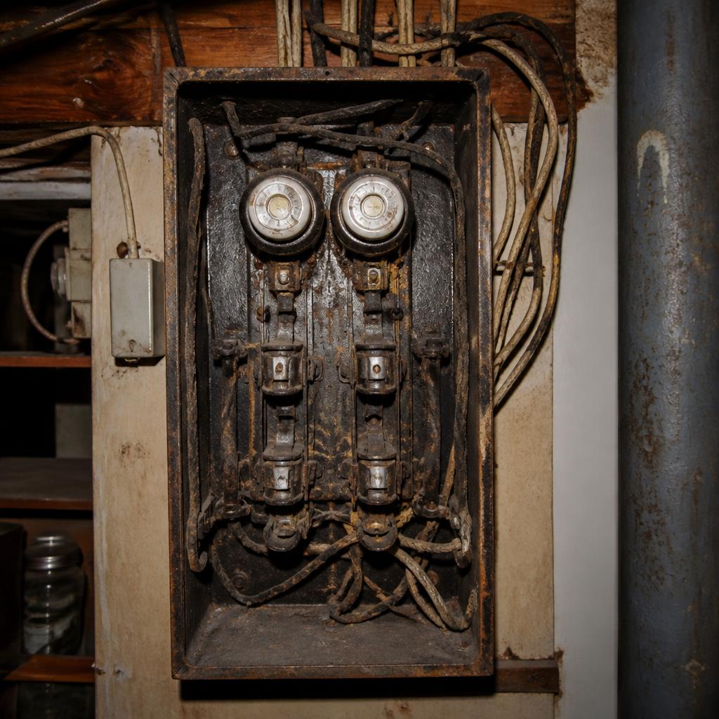 Outdated residential fuse panel with aging wiring before upgrade