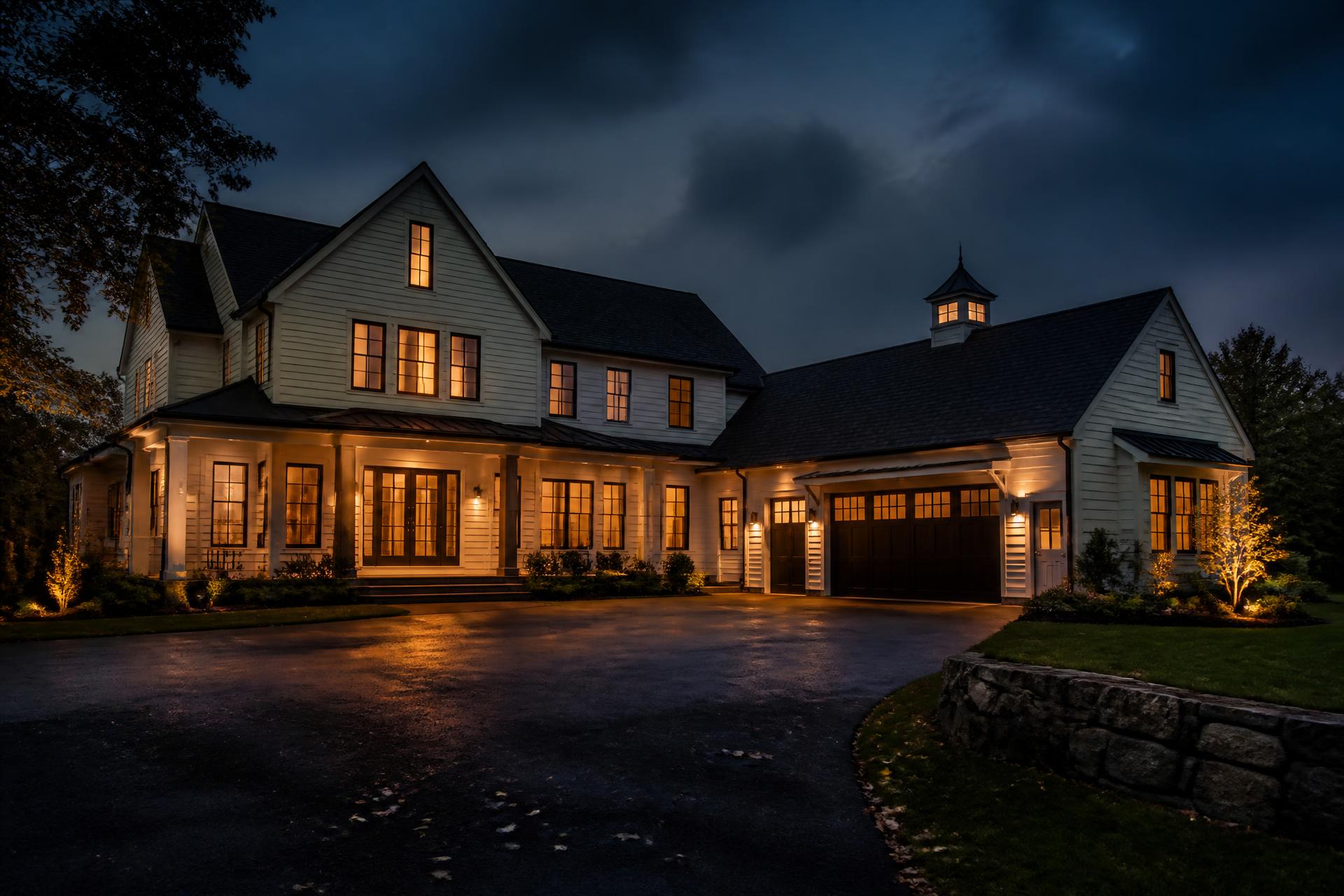 Modern New England home at dusk with interior and exterior lighting