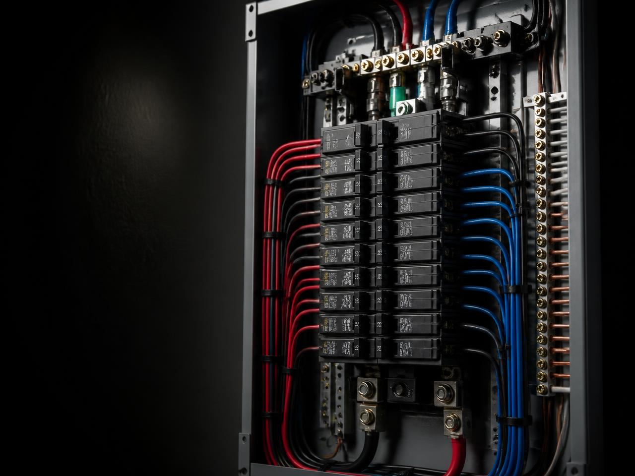 Modern electrical panel with clean, organized wiring
