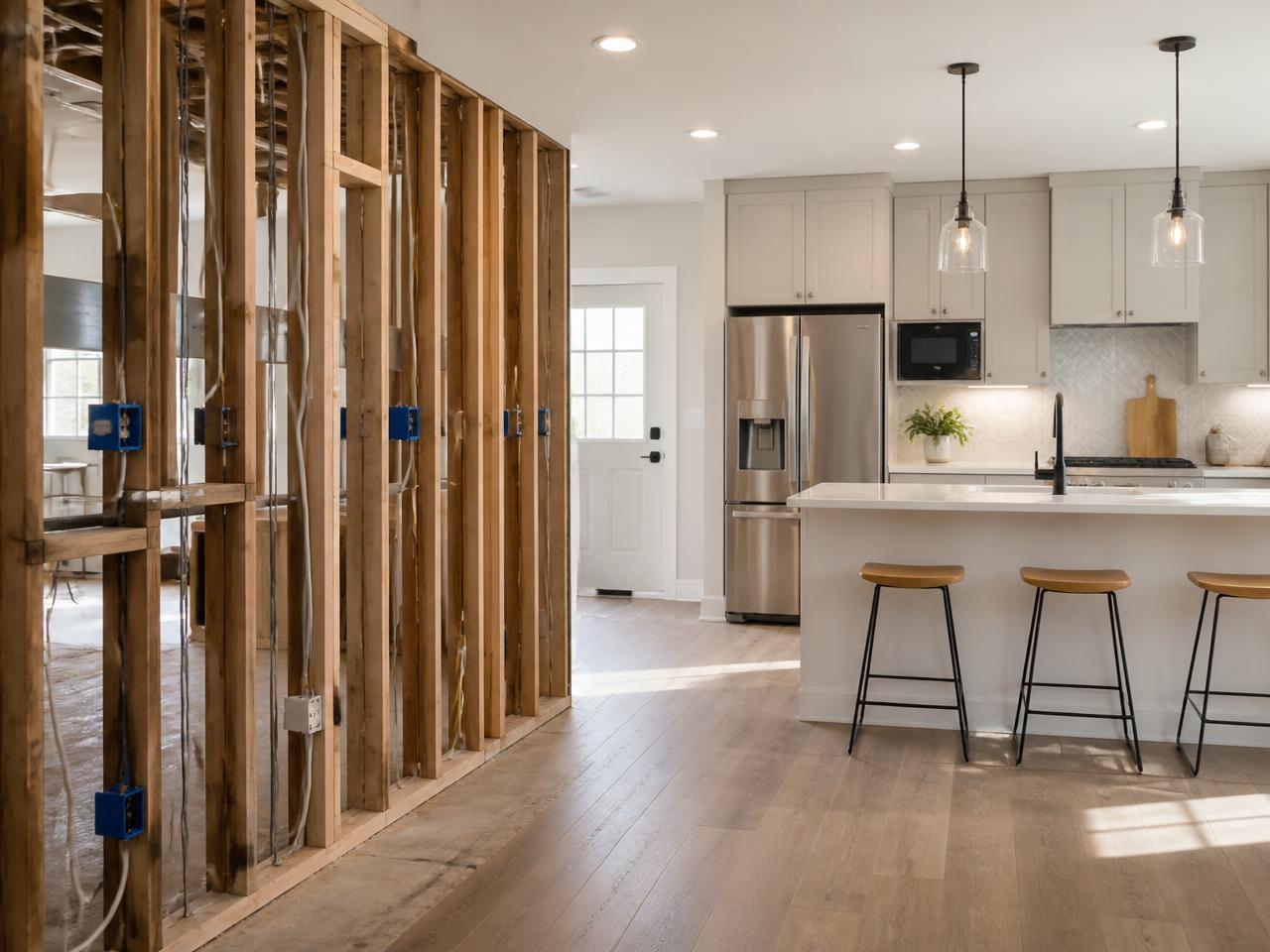 Interior renovation with exposed framing and rough electrical wiring next to a finished kitchen
